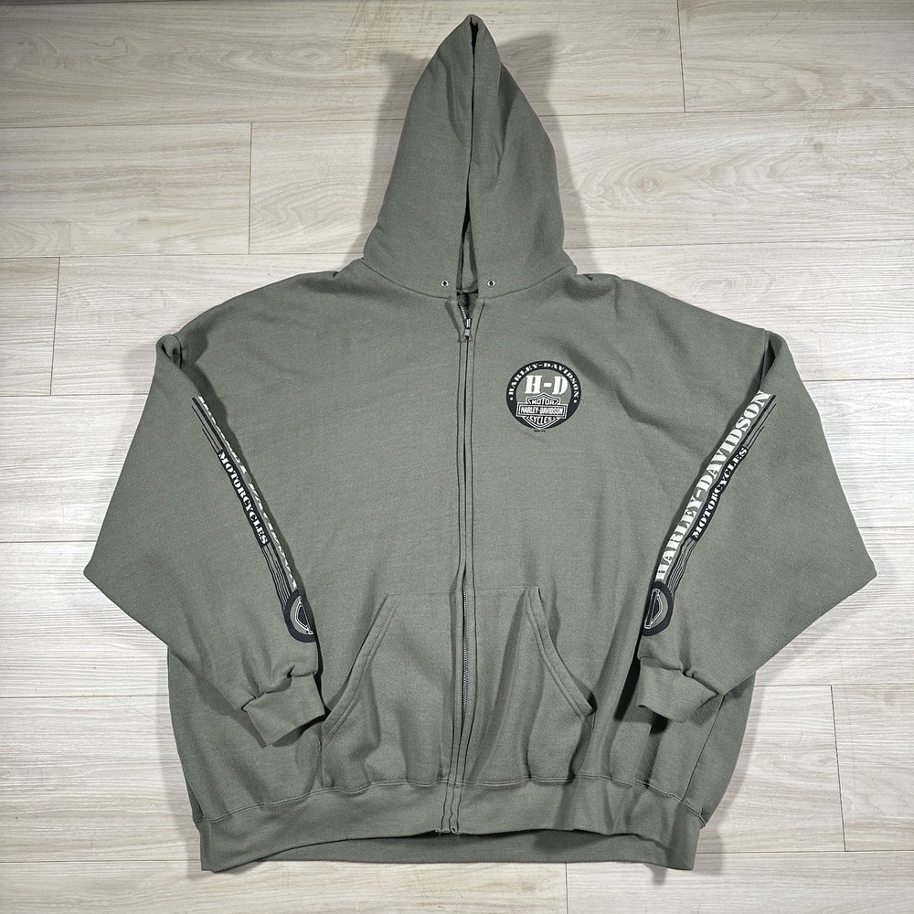 Vintage Harley Davidson Hoodie Mens 2XL Green Full Zip Y2K Skater Baggy Fleece